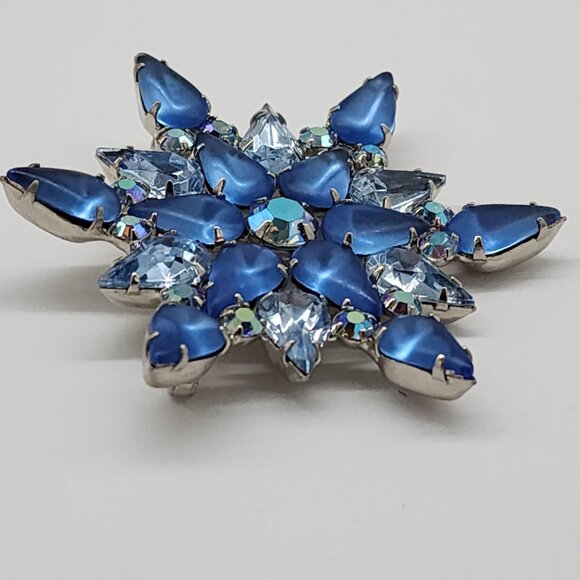 Blue Glass Cabochon Faceted Rhinestone Brooch Star Shape Open Back Silver VTG - Picture 7 of 9
